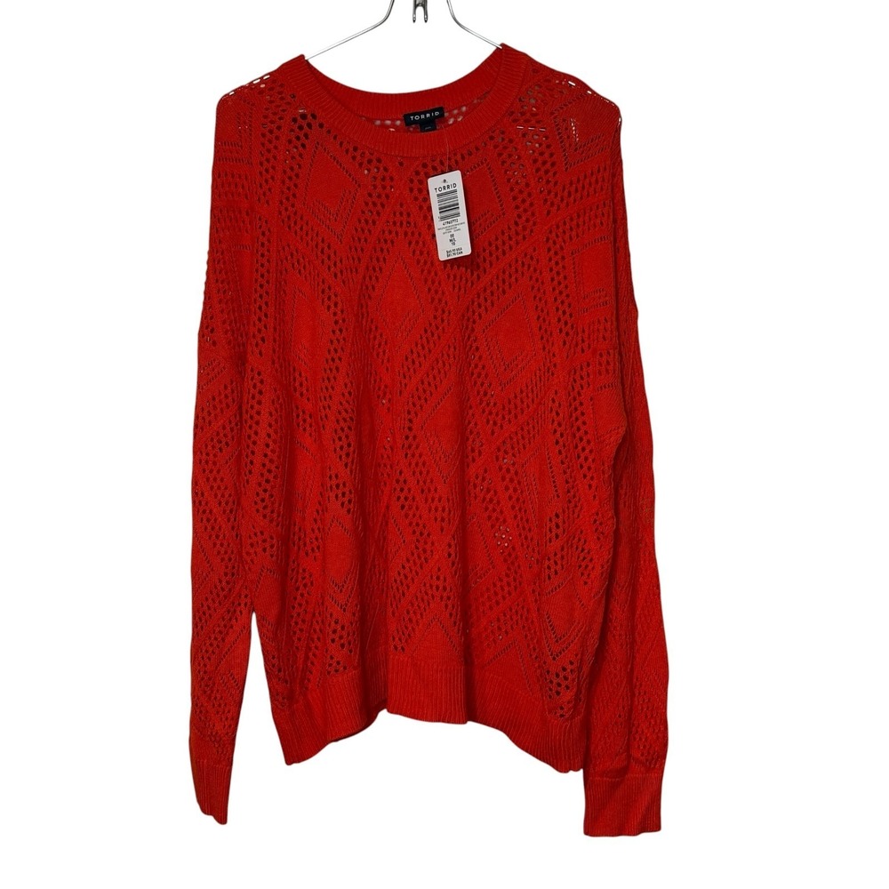 Torrid Womens Sweater Pointelle Diamond Open Knit Relaxed Fit Orange Sz. 00 NWT